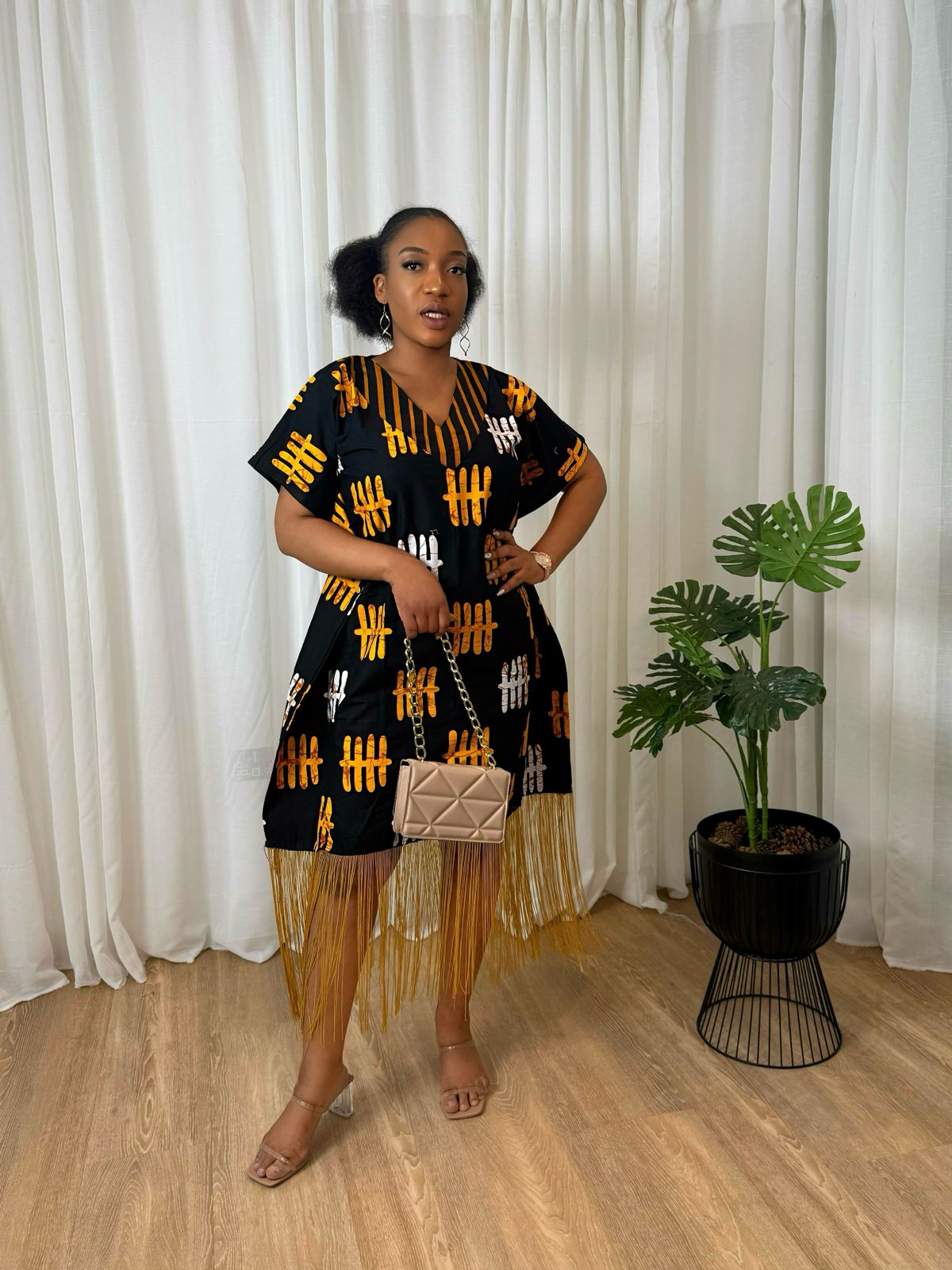 Gold Fringe Ankara-Print Shift Dress