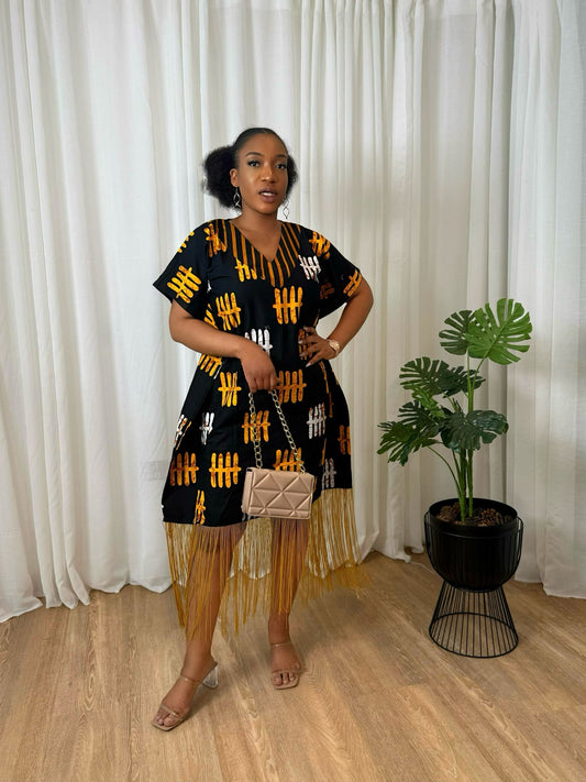 Gold Fringe Ankara-Print Shift Dress