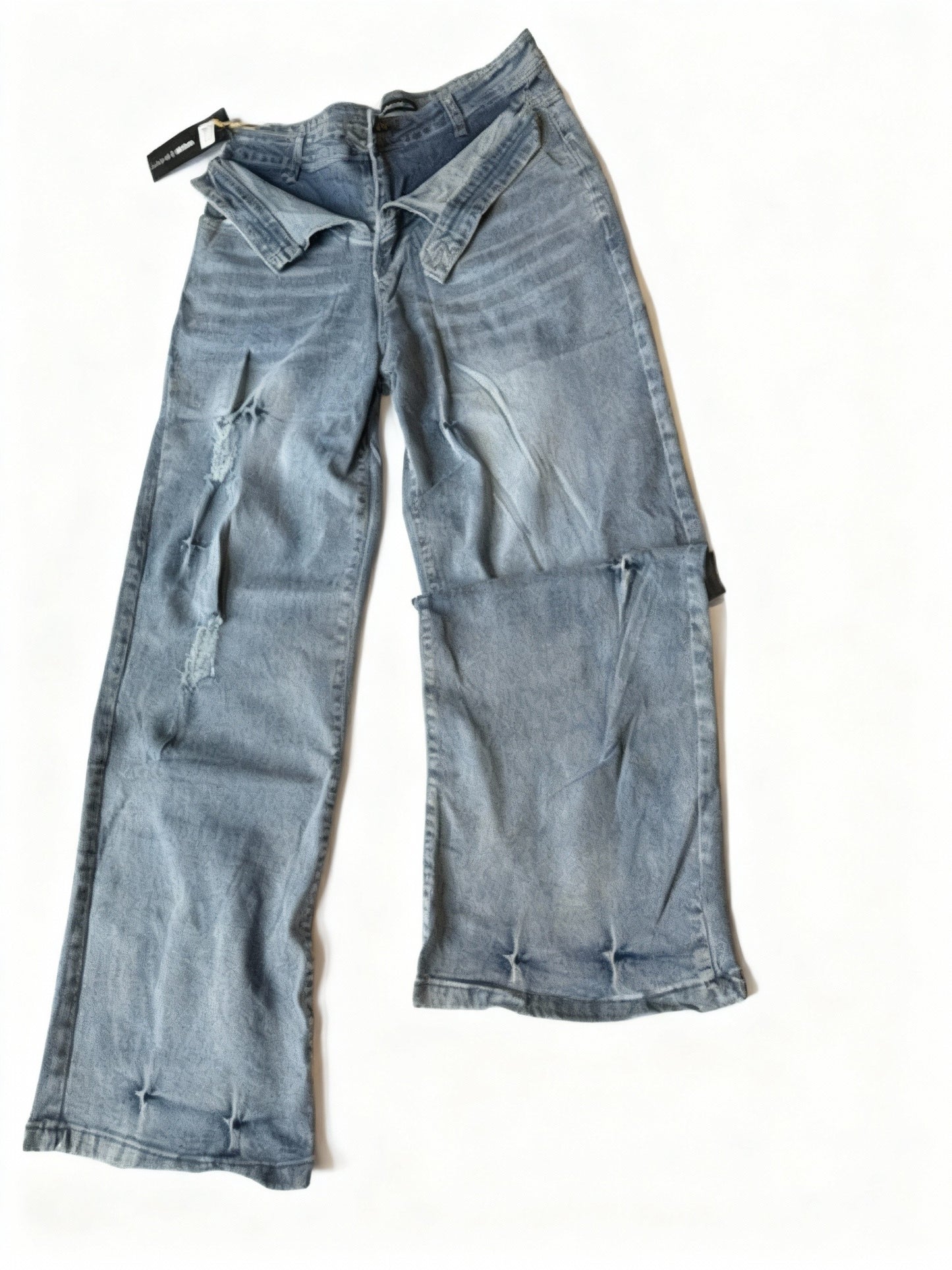 Double-Waistband Distressed Wide-Leg Jeans