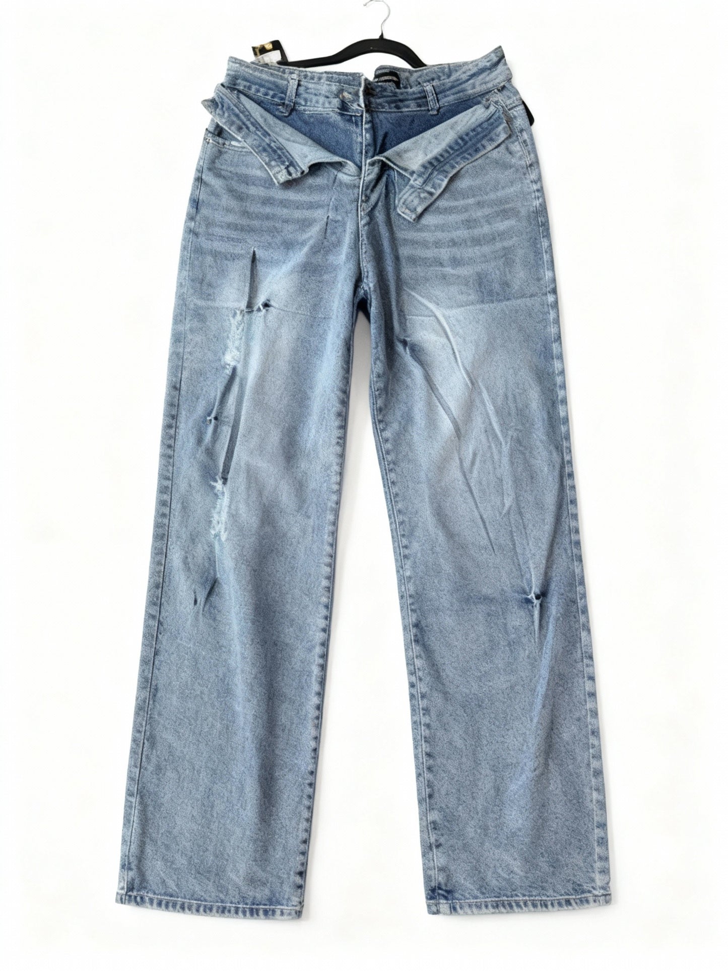 Double-Waistband Distressed Wide-Leg Jeans