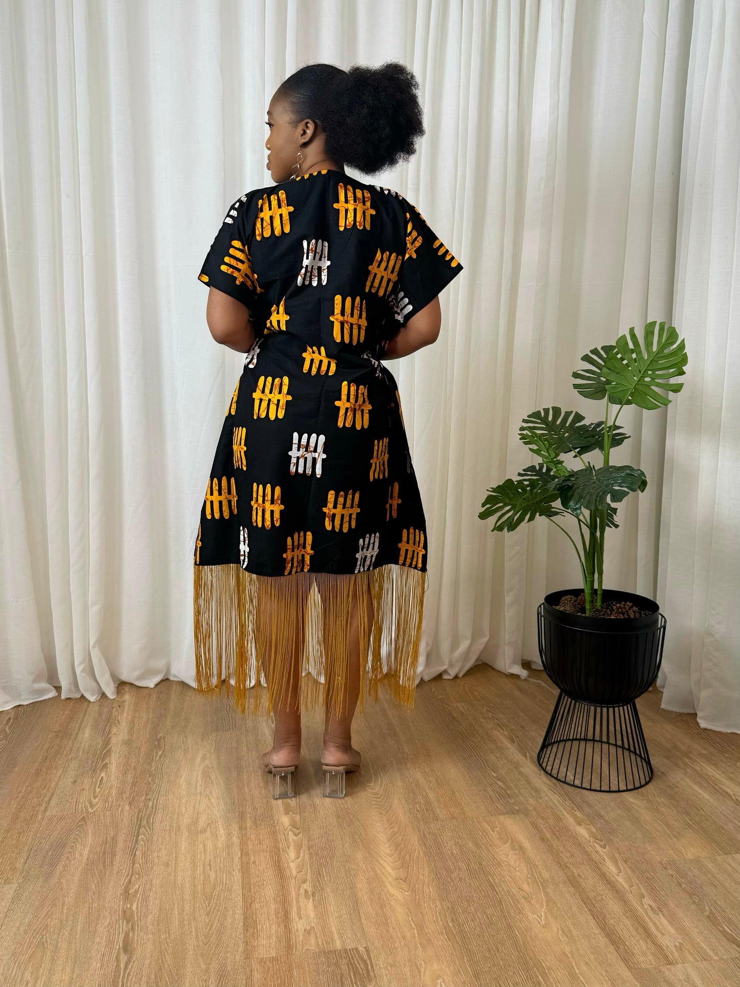 Gold Fringe Ankara-Print Shift Dress