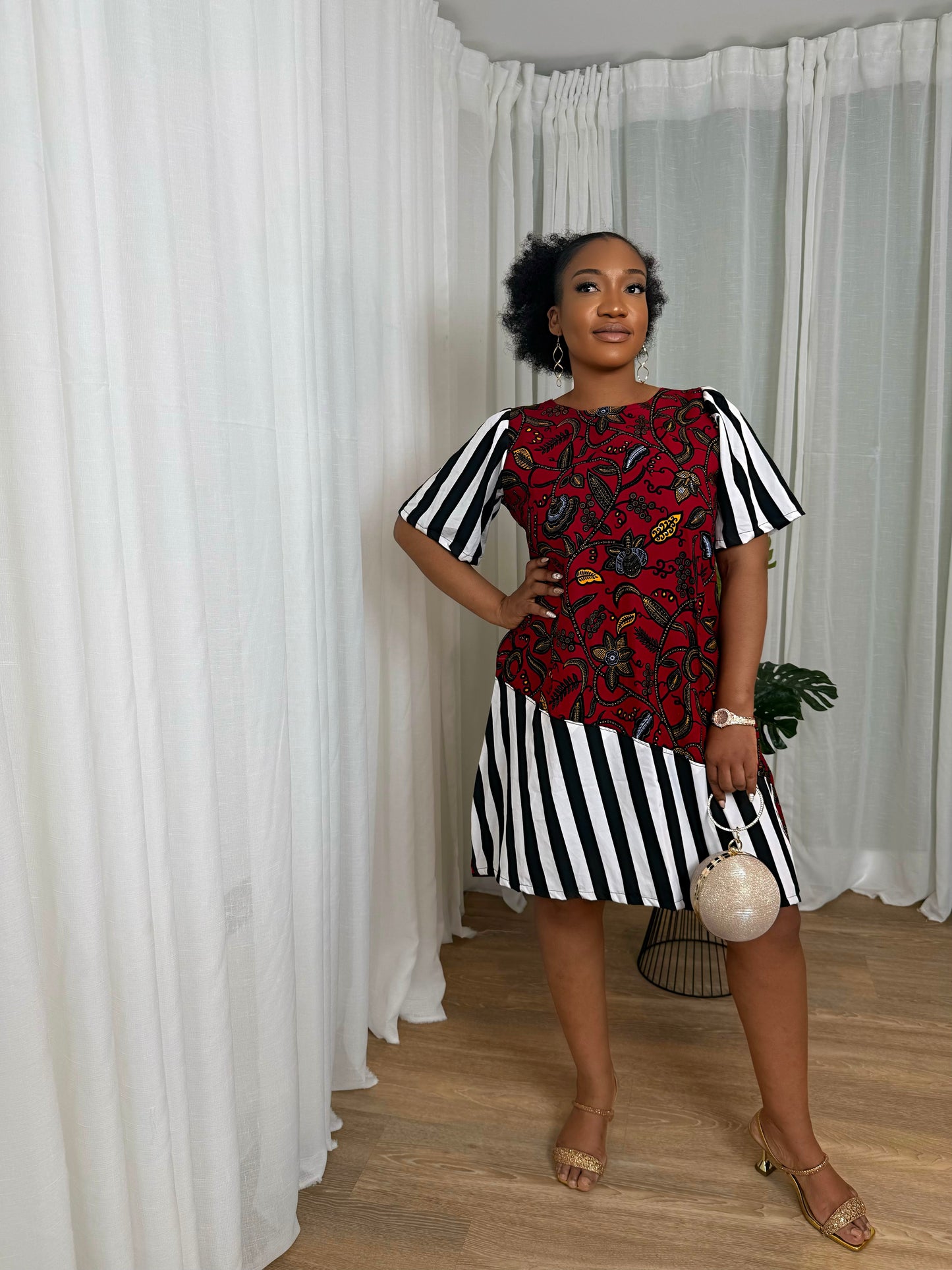 Red Ankara & Stripe Panel Mini Dress