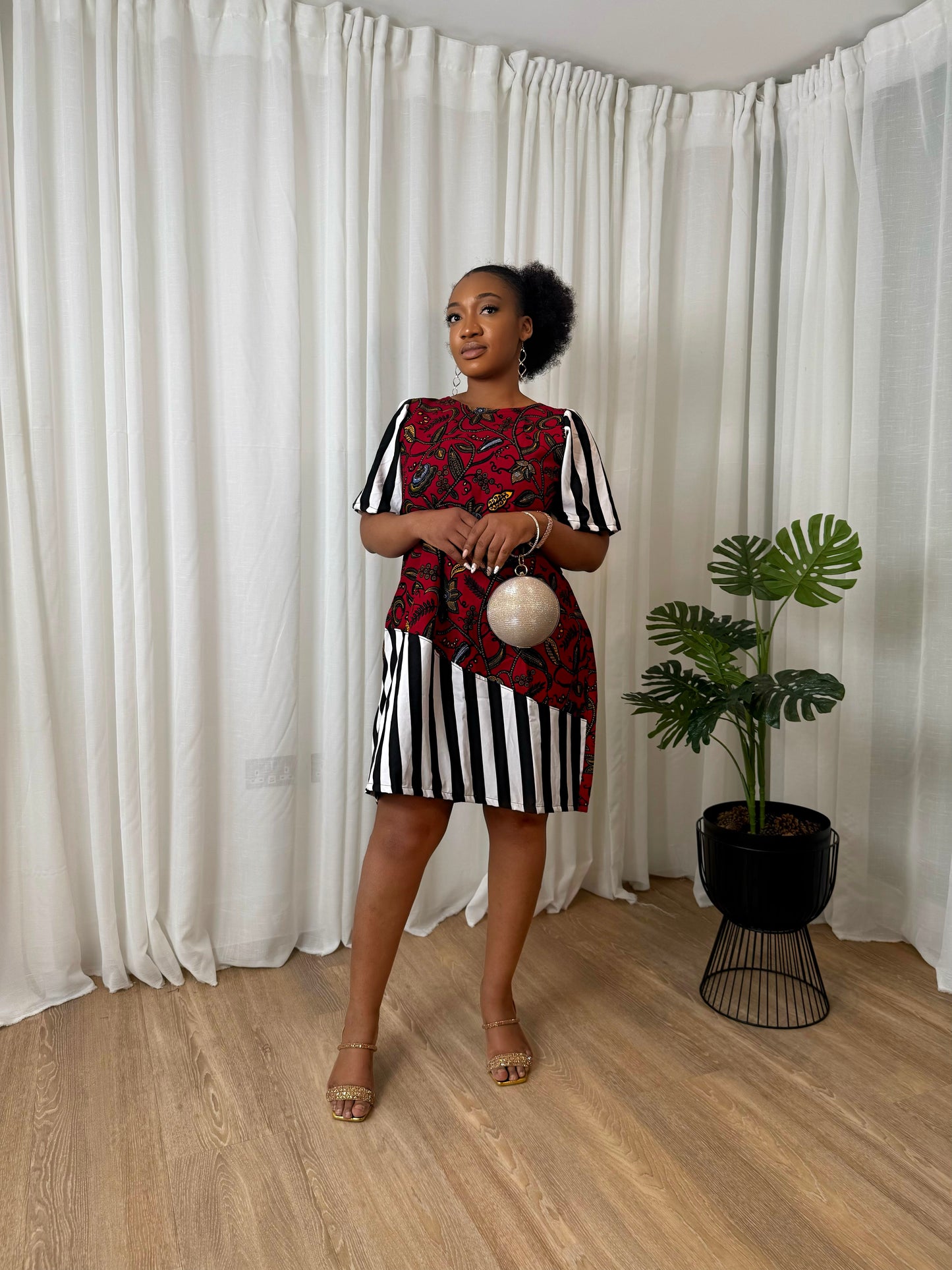 Red Ankara & Stripe Panel Mini Dress
