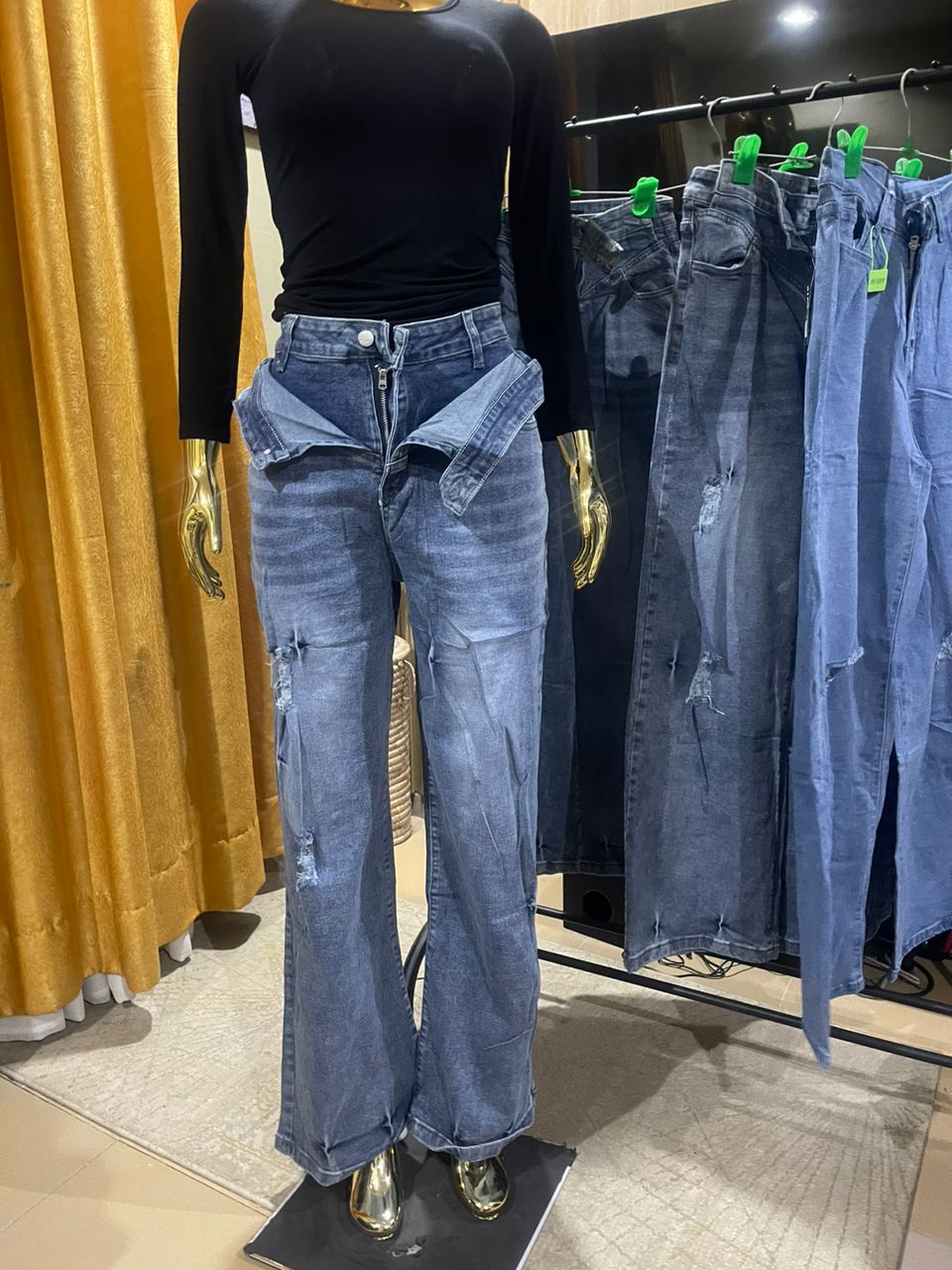 Double-Waistband Distressed Wide-Leg Jeans