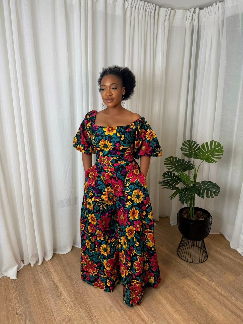 Midnight Garden Off-Shoulder Ankara Jumpsuit