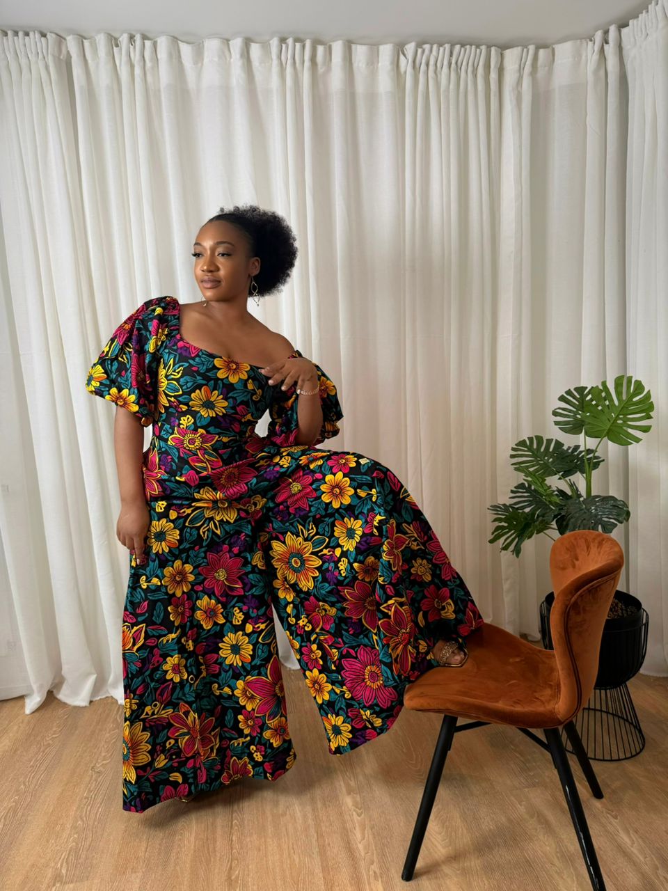 Midnight Garden Off-Shoulder Ankara Jumpsuit