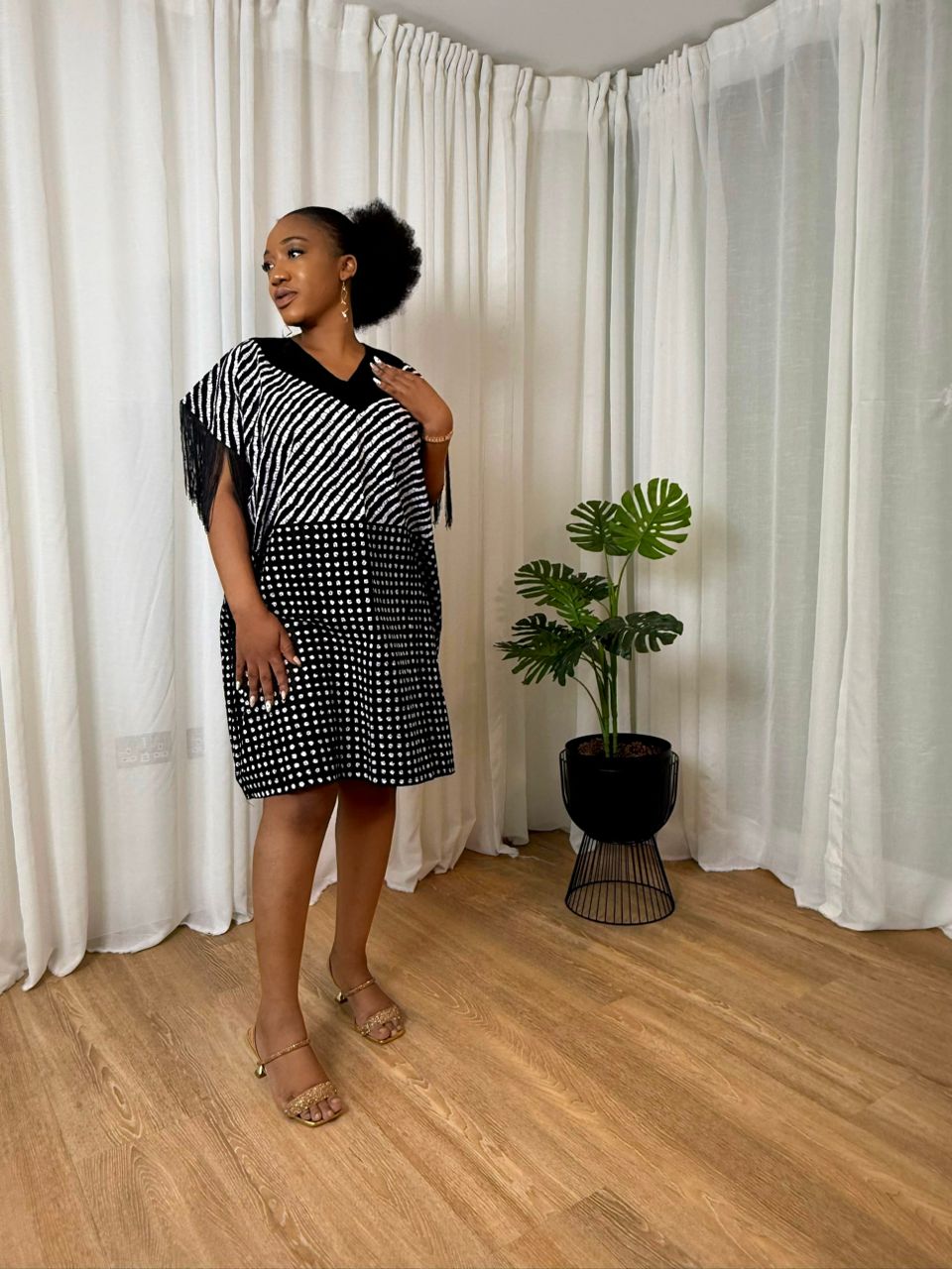 Monochrome Fringe Detail Kaftan Dress