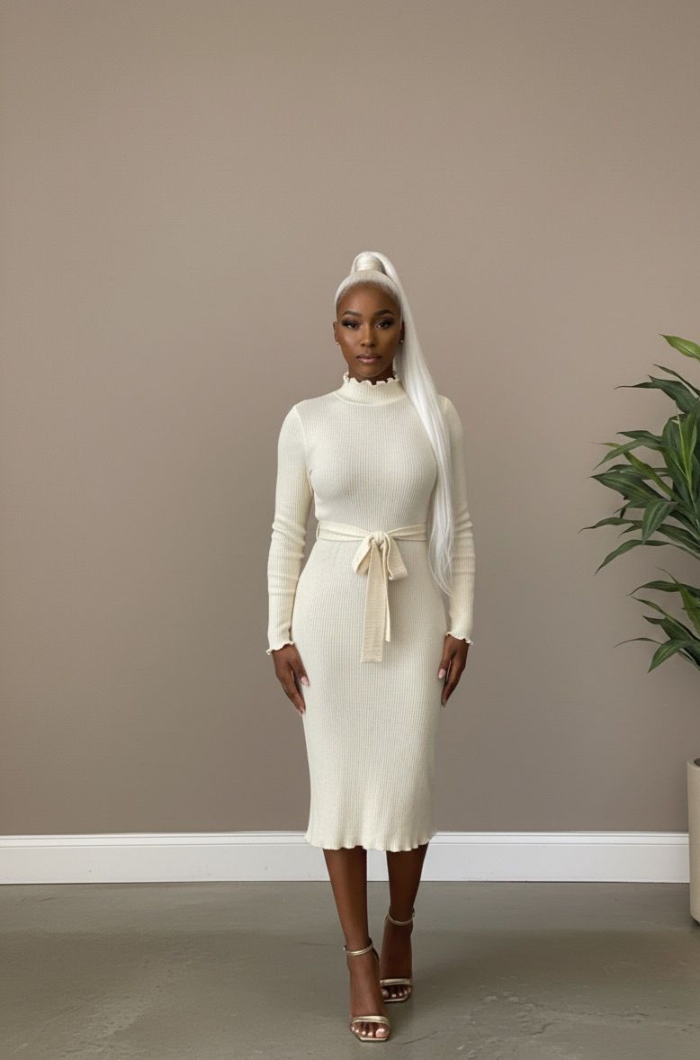 Cream Ribbed Midi Dress with Tie Belt