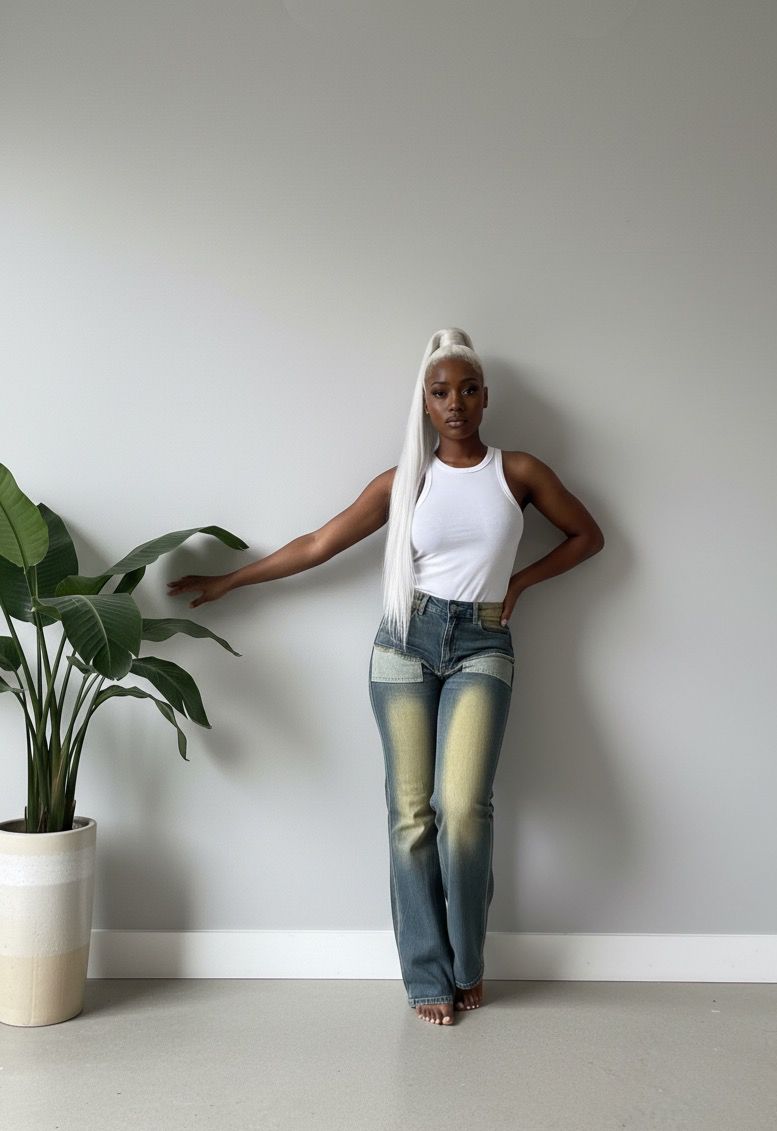 Two-Tone Color Block Straight-Leg Jeans