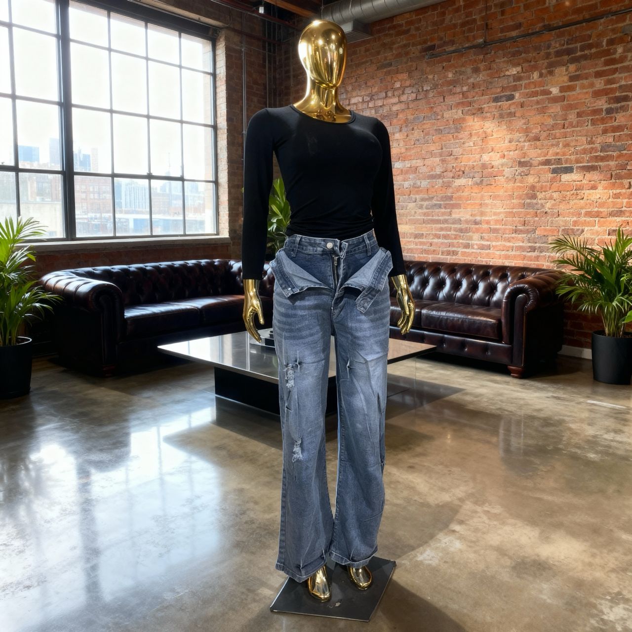 Double-Waistband Distressed Wide-Leg Jeans