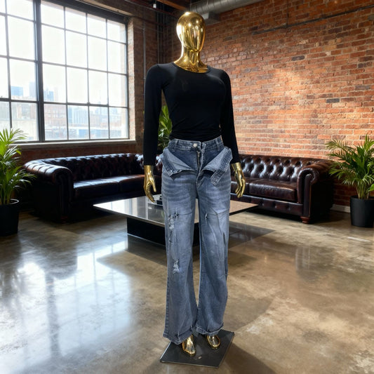 Double-Waistband Distressed Wide-Leg Jeans