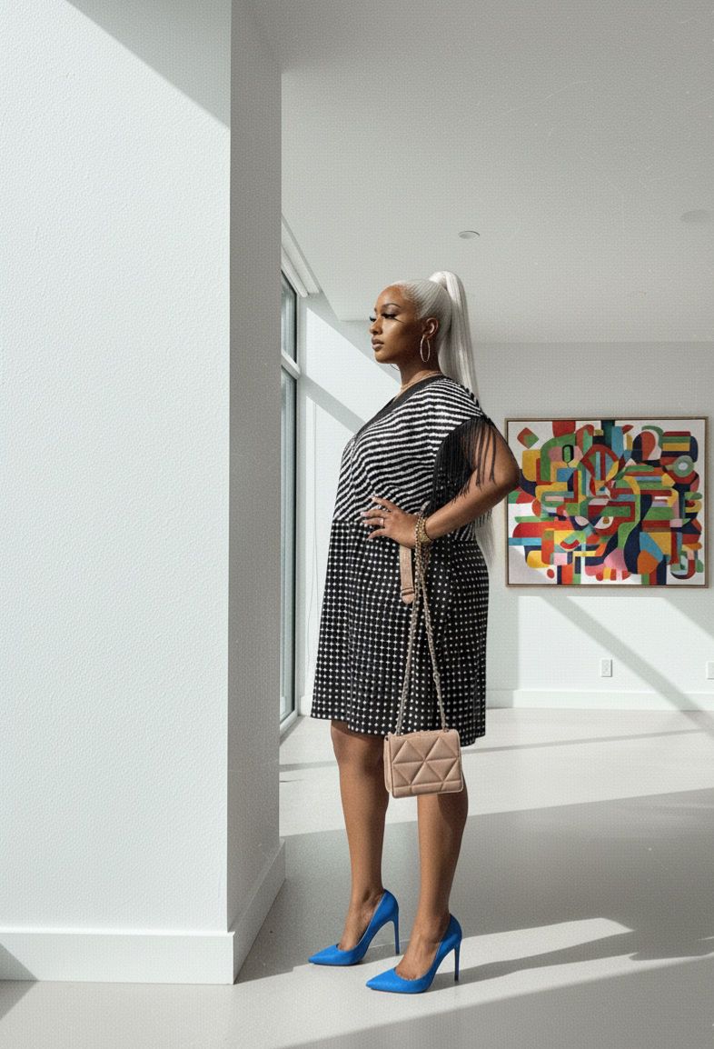 Monochrome Fringe Detail Kaftan Dress