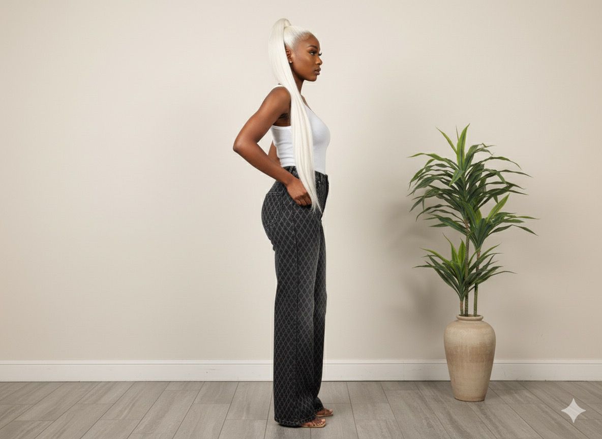 Diamond Quilted Wide-Leg Jeans