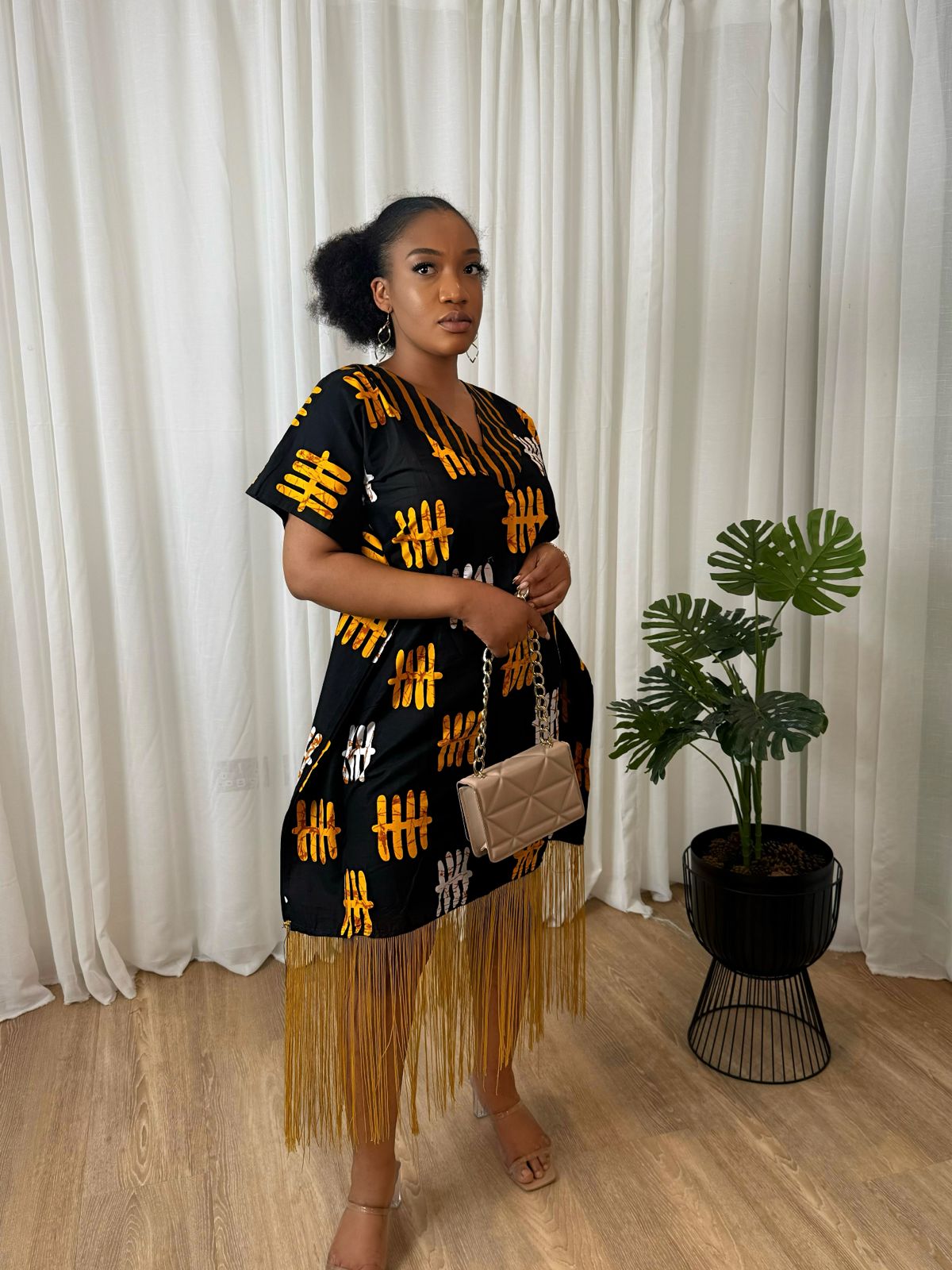 Gold Fringe Ankara-Print Shift Dress